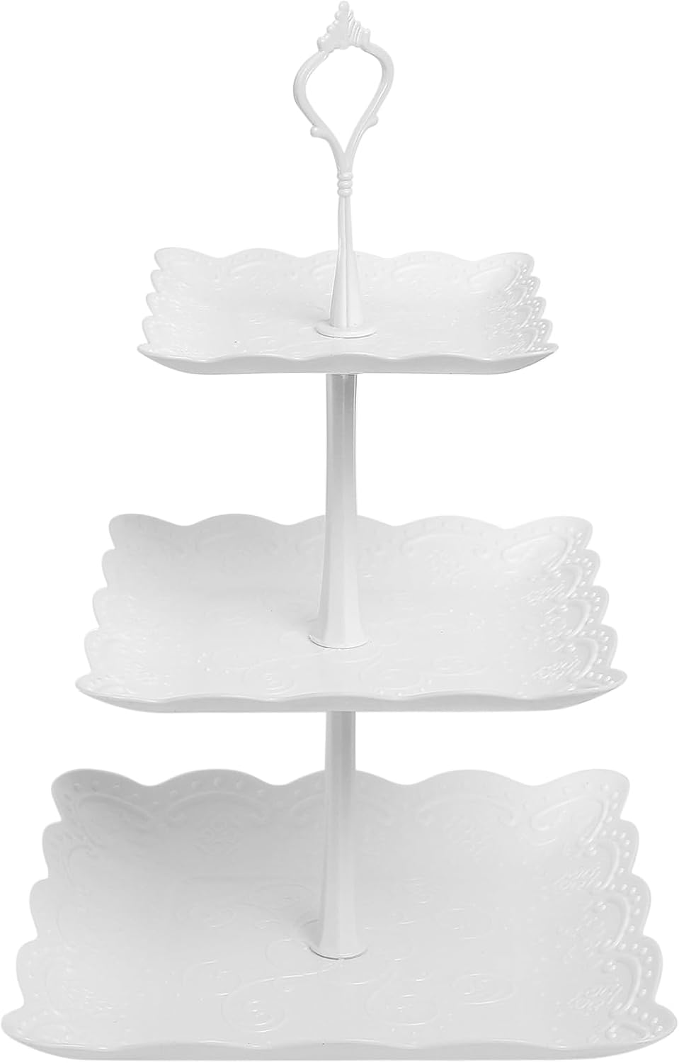 3 Tiers Cake Display Stand, White Afternoon Tea Stands, Plastic Square Cup Cake Fruit Dessert Party Server Plates Stands, Reusable Food Serving Platter Stand for Birthday, Wedding, Party
