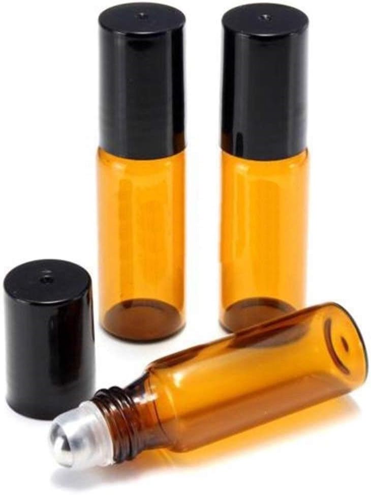 CMJ 2 x 5ml Amber Roll on Glass Bottles Oil Metal Roller Ball Empty BLACK Lid UK Seller