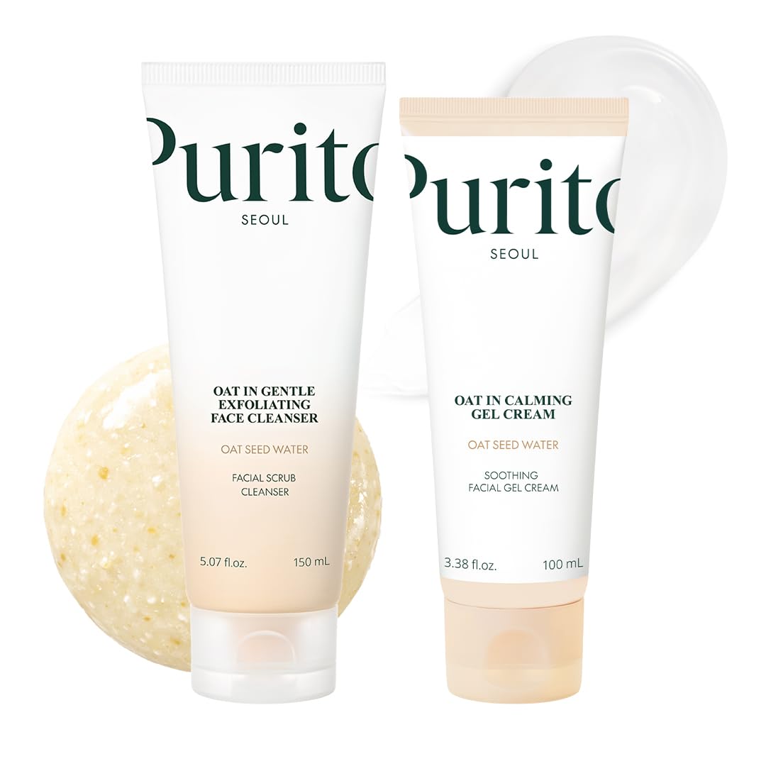 PURITO Oat Velvet Duo, Calming Gel Cream & Exfoliating Facial Polish, Non-comedogenic Formula, Moisturizer, Cleanser, Mild Korean Skincare for All Skin Types 3.38+5.07 fl.oz
