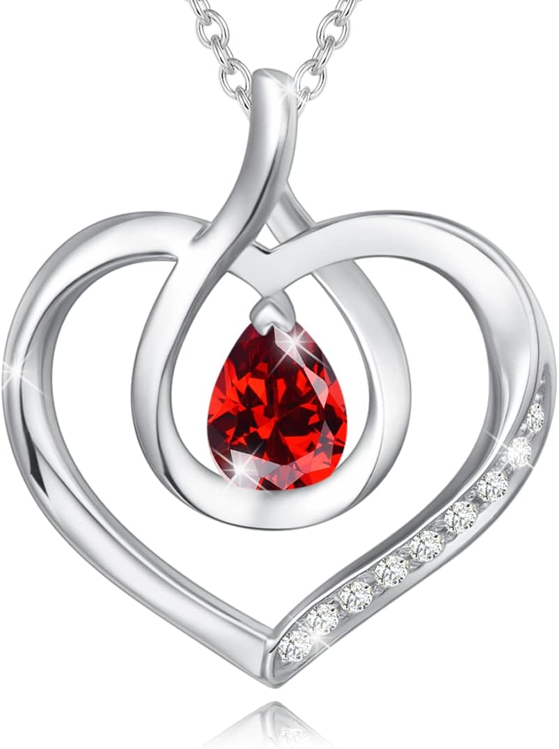 AGVANA Heart Birthstone Necklace for Women Sterling Silver Genuine or Created Gemstone Forever Love Pendant Necklace Fine Jewelry Anniversary Birthday Gifts for Women Mom Wife