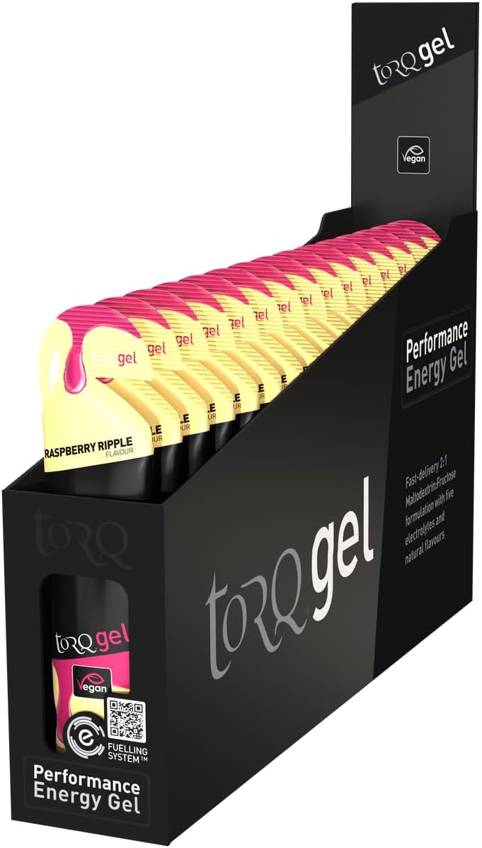 Torq Energy Gels - Raspberry Ripple Pack of 15 - Ultimate On The Go Quick Release Energy - 30g of Carbohydrates - Running/Cycling/Sports Gels - 5 Key Electrolytes - Natural & Vegan