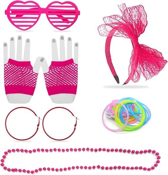 15 PCS 80s Clothing Accessories Makeup Set, Lace Hair Accessories Neon Necklaces Vintage Earrings Fishnet Gloves Colorful Silicone Bracelet Heart Glasses, 80s Retro Party Themed Party
