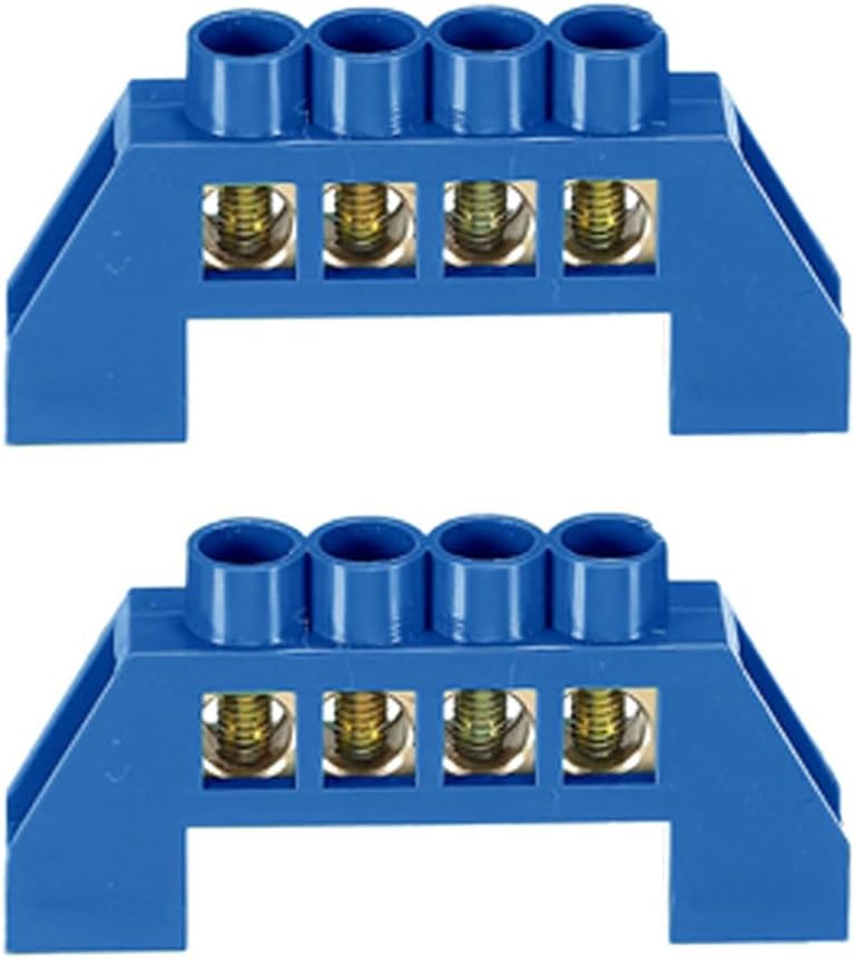 2Pcs Neutral Terminal Bar 4 Positions Brass Wire Screw Terminal Bus Bar Block Grounding Strip Blue Shell for Electrical Distribution