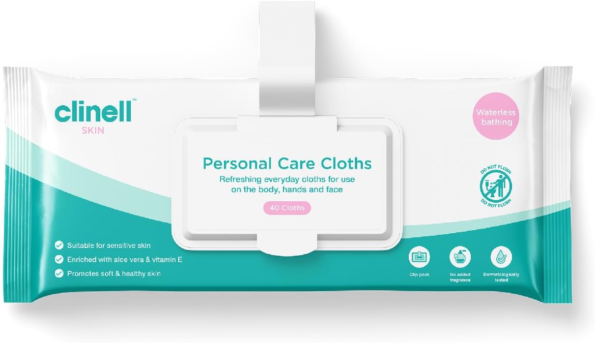 Clinell Skin Personal Care Wipes - Pack of 1(40) -Dermatologically Tested, Rinse Free, Multi Purpose, Cleansing Wipes Ideal for Patient Use - White