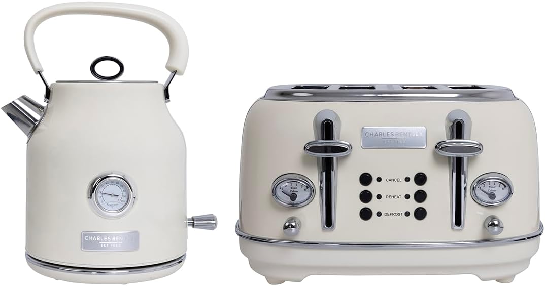 Charles Bentley Kettle and 4 Slice Toaster Set, Cream and Chrome, 1.7 Litre