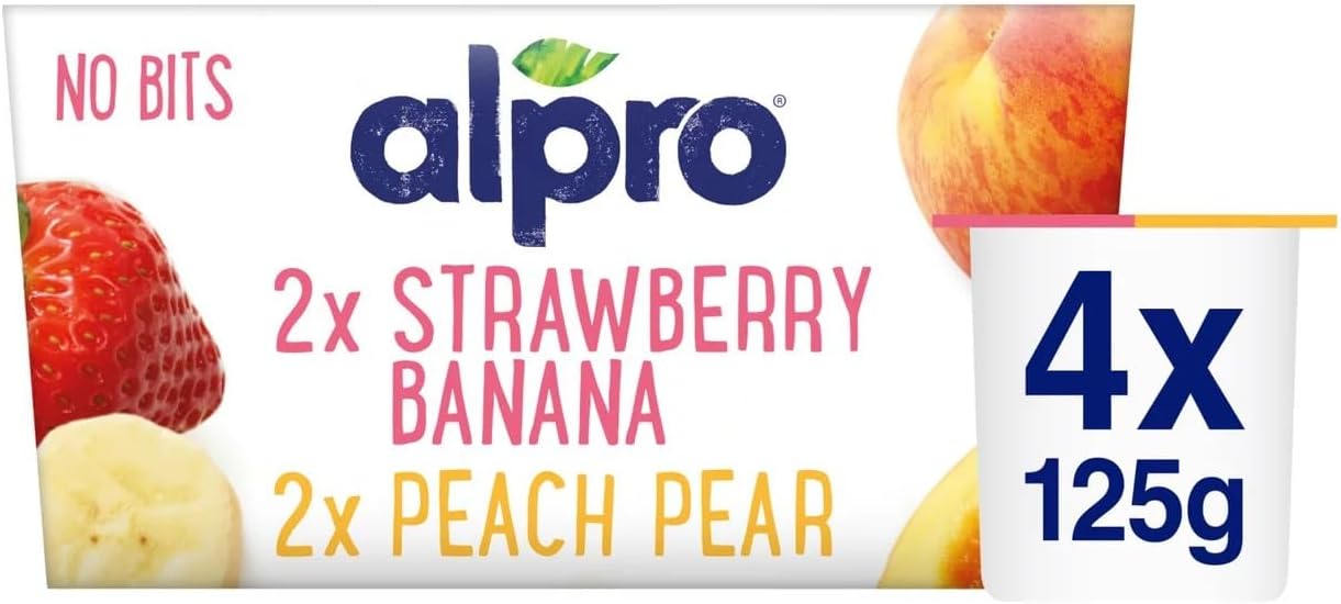 Alpro No Bits Strawberry-Banana & Peach-Pear, Plant-Based & Soya Yoghurt Alternative, Vegan & Dairy Free, 4 x 125g