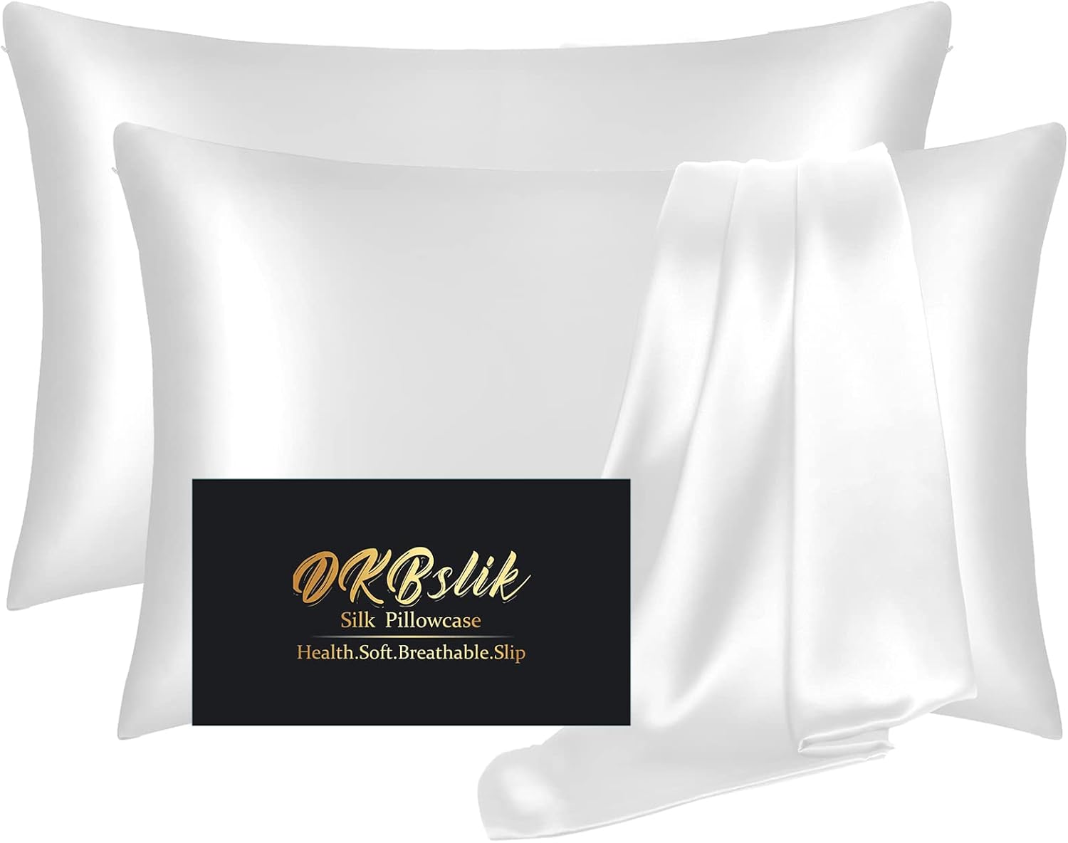 Silk Pillow Cases 2 Pack, Mulberry Silk Pillowcases Standard Set of 2, Health, Smooth, Anti Acne, Beauty Sleep, Both Sides Natural Silk Satin Pillow Cases for Women 2 Pack with Zipper for Gift,White