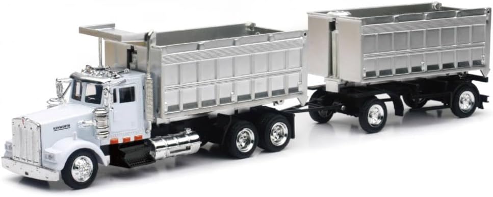 Kenworth W900 Double Dump Truck with Trailer in Red and Chrome, cab is die-cast Metal, Balance is high Impact Plastic,unisex-children