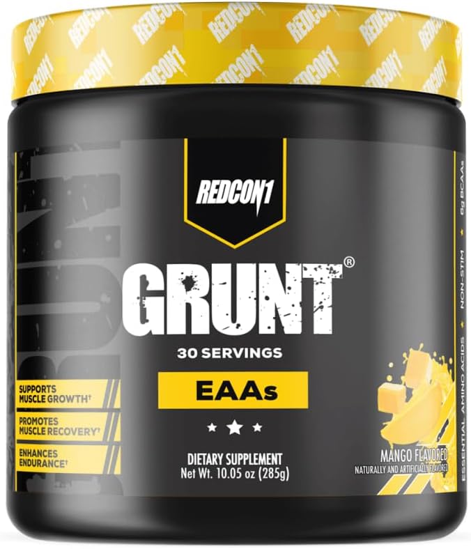REDCON1 Grunt EAAs, Mango - Sugar Free, Keto Friendly Essential Amino Acids - Post Workout Powder Containing 9 Amino Acids to Help Train, Recover, Repeat (30 Servings)
