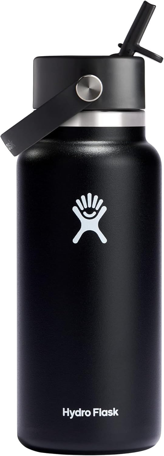 Hydro Flask Water Bottle - Insulated Stainless Steel - Wide Straw Lid, Non Spill, Leakproof in 32 Oz Black