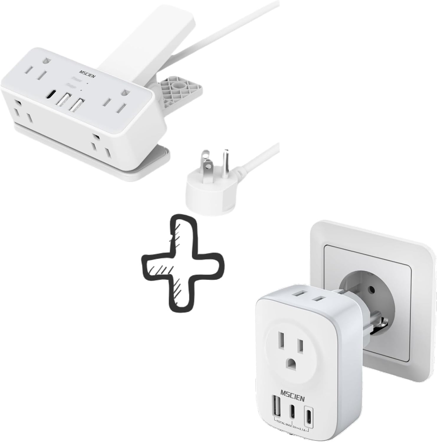 Desk Clamp Power Strip and Type E/F Travel Plug Adapter, Desk Power Strip White and 5-in-1 Travel Adapter for Germany, Extension Cord 6 Ft and Plug Adapter with 3 USB Ports