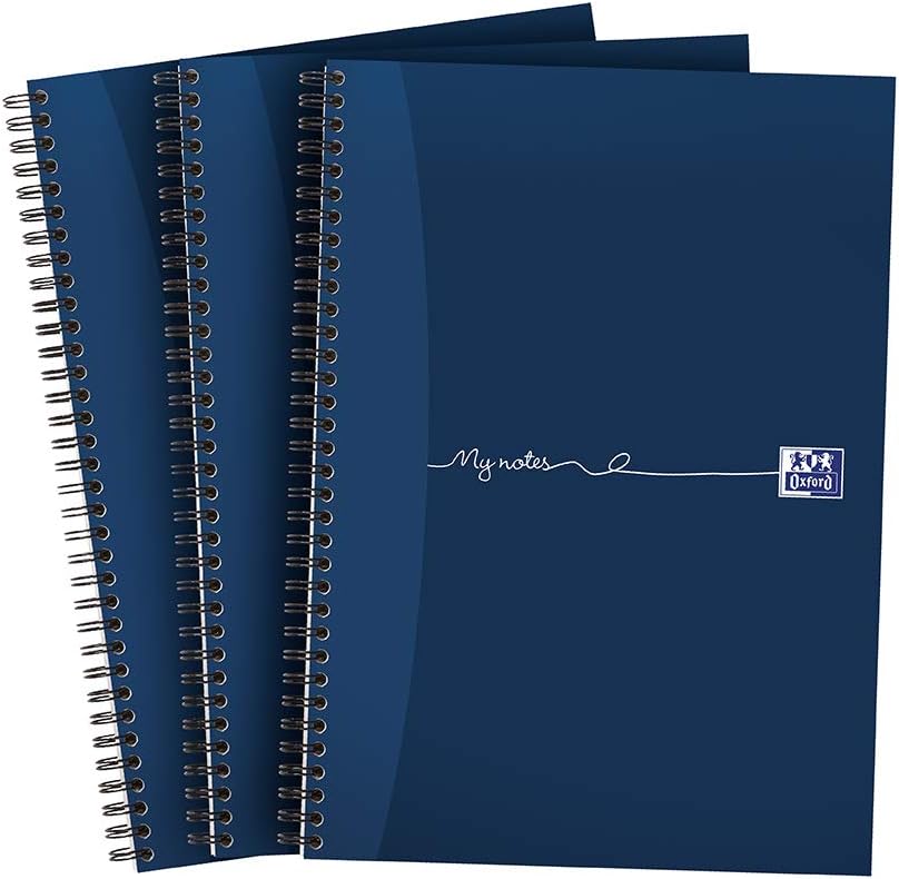 Oxford My Notes A4 Notebook, Wirebound, 8 mm Lined with Margin, 200 Page, Pack of 3, Perforated Edge, Optik Paper+, Navy