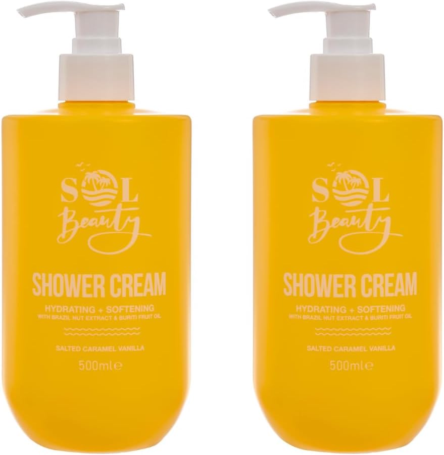 Sol Beauty Shower Cream Salted Caramel Vanilla Scent with Brazil Nut Extract and Buriti Fruit Oil, Hydrating and Softening Vegan Friendly Shower Gel 2 x 500ml
