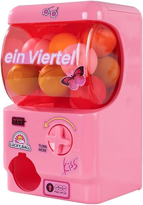 Mini Gashapon Machine, Pink Party Toy Dispenser with 21 Reusable Capsule Balls, Manual Operation, 9 x 4 x 5.5 inches