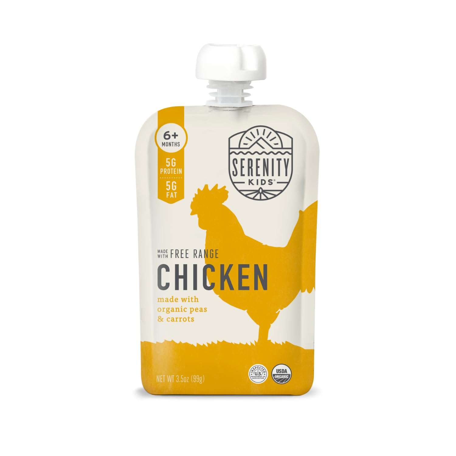 Serenity Kids 6+ Months Baby Food Pouches Puree Made With Ethically Sourced Meats & Organic Veggies | 3.5 Ounce BPA-Free Pouch | Free Range Chicken, Pea, Carrot | 1 Count