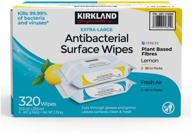 Kirkland Signature Extra-Large Antibacterial Surface Wipes, Lemon/Fresh Air Scent 320 pack