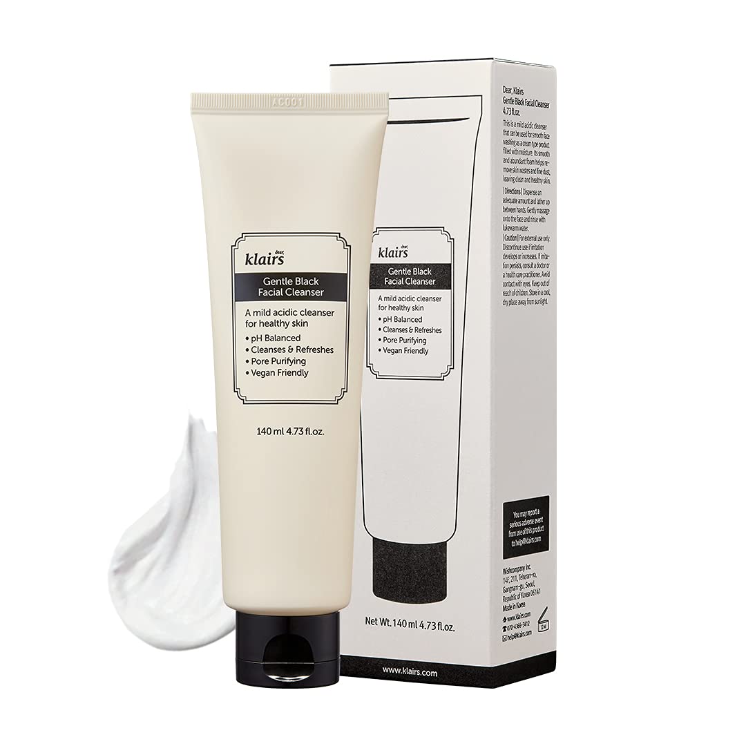 DearKlairs Gentle Black Facial Cleanser | Vegan, Low pH, Hydrating Finish, Creamy Foam Cleanser, Daily Face Wash, 4.73 Fl Oz
