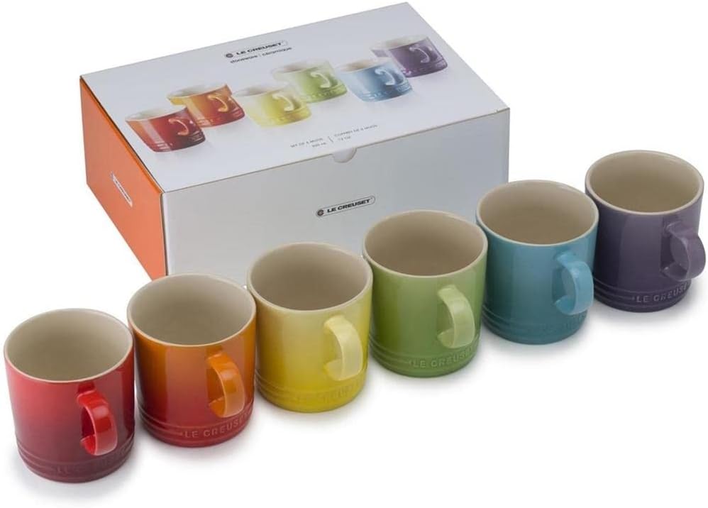 LE CREUSET Stoneware Rainbow Coffee Mugs, 350 ml, Cerise, Volcanic, Teal, Ultra Violet, Soleil, Palm, 79114358359030