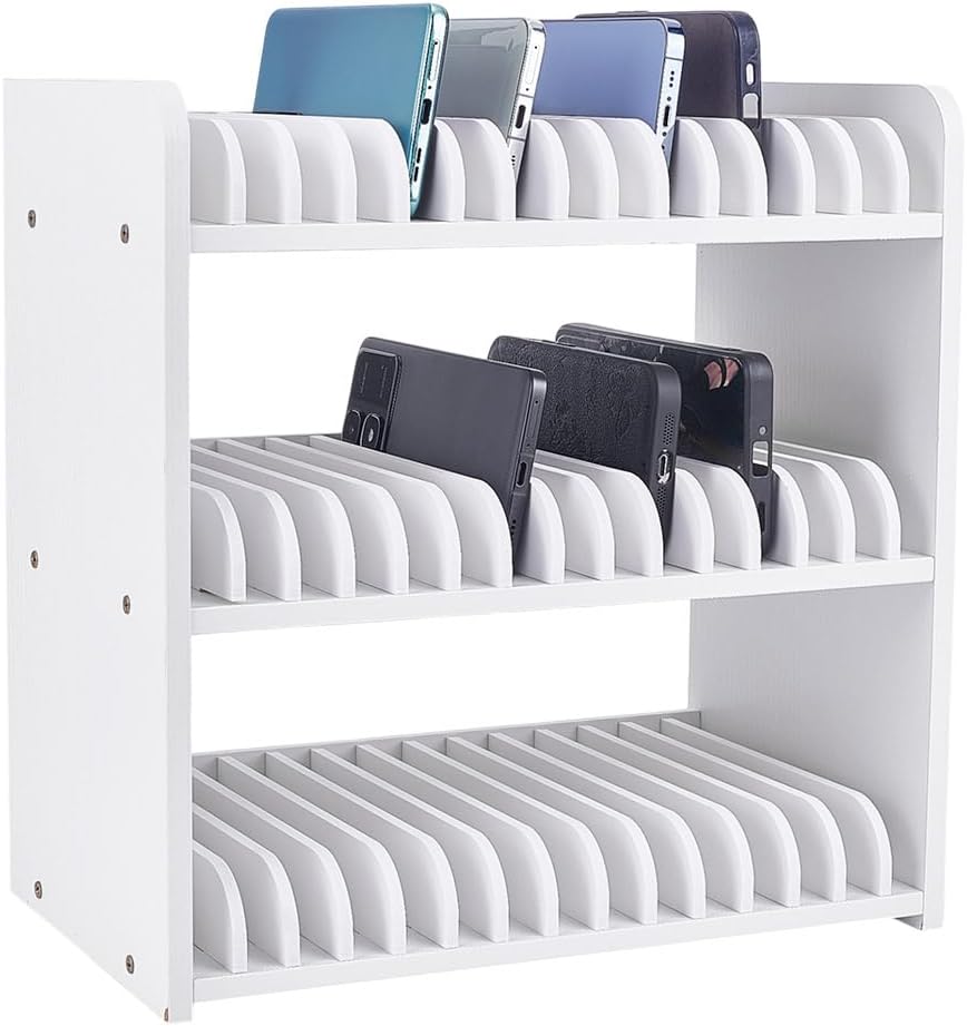 UNICRAFTALE 3-Tier White Wooden Phones Storage 45-Grid Classroom Cell Phone Holder Mobile Phone Desktop Organizer Storages Box Adjustable Multiple Cell Phones Rack Caddy for Classroom