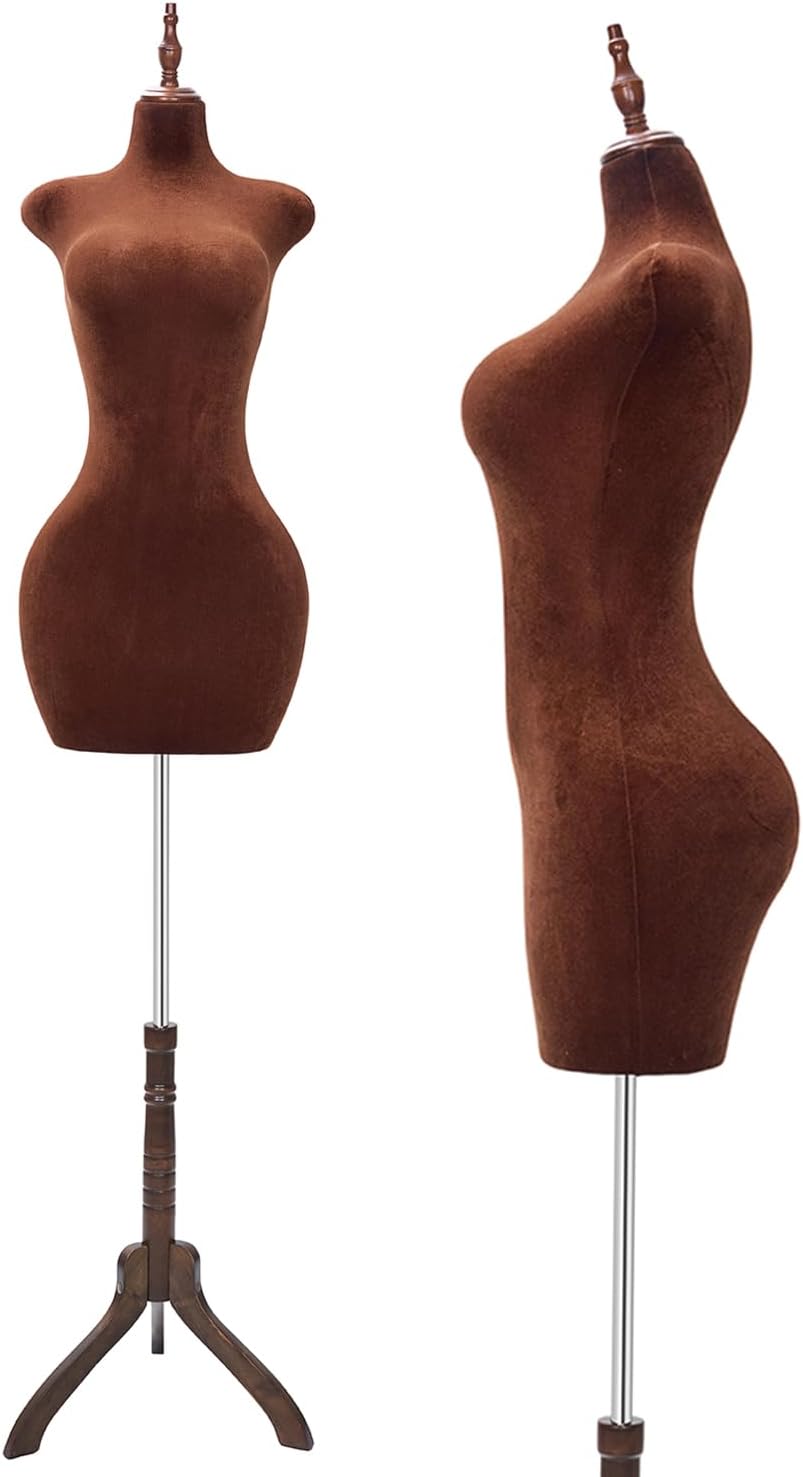 Adjustable Curvy Female Mannequin Torso with Stand, Pinnable Dress Form for Clothes (Brown, Velvet)