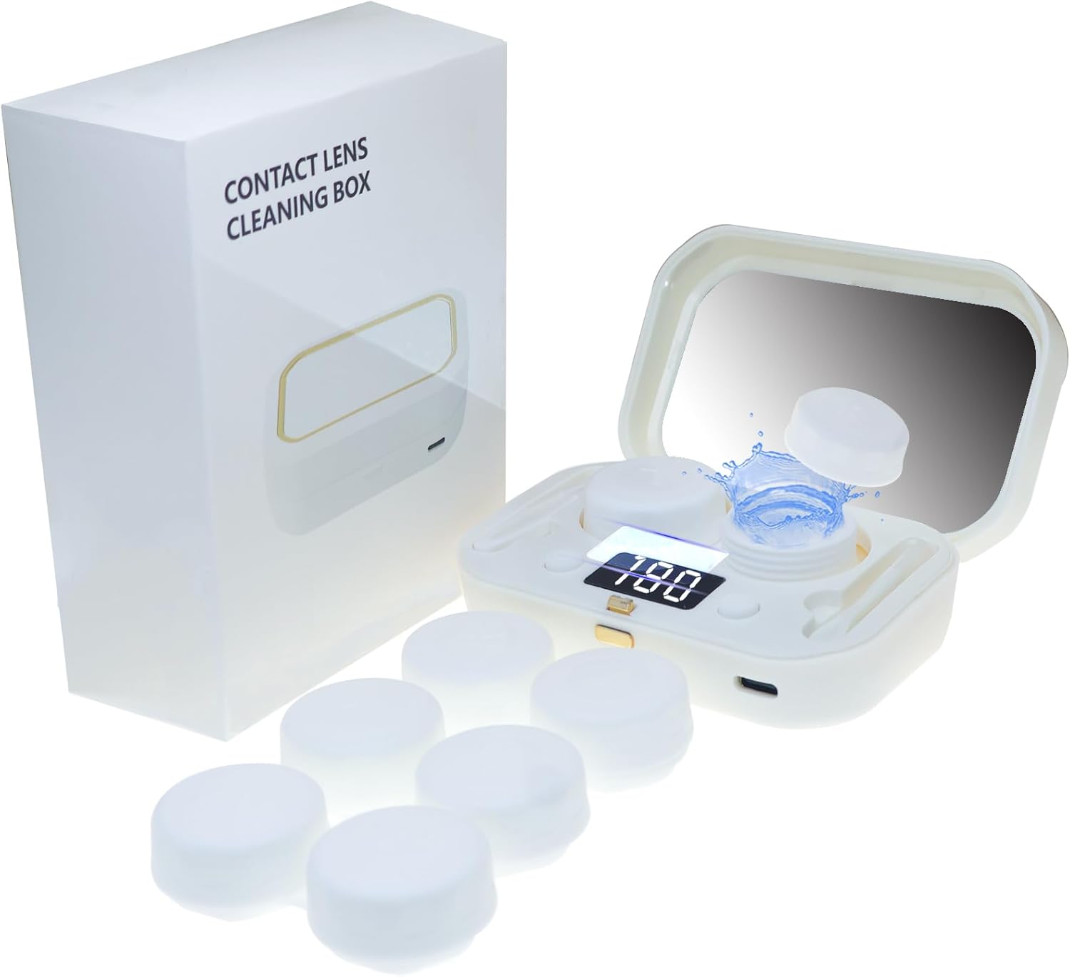 Contact Lens Cleaner, Portable Ultrasonic Contact Lens Cleaner Machine 4 Timing Modes with led Screen with USB Charger, Solution Soak Case Kit for Soft Lens, Colored Contact Lens