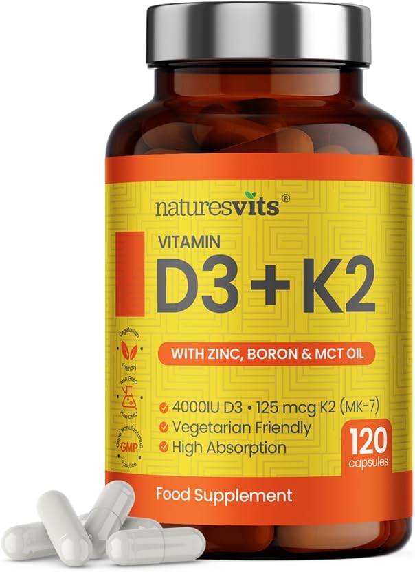 NaturesVits Vitamin D3 and K2 Bone Supplement - with Zinc, MCT Oil and Boron for Calcium Absorption for Joint Care - High Strength Natural Supplements for Women and Men