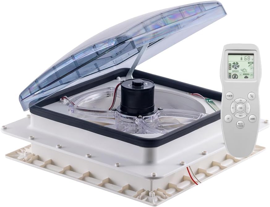 Caravan Roof Vent Fan,Automatic Rain Sensor,10-Speeds and Reversible Airflow, easy installation, 40X40cm,Remote control,Campervan roof vent fan