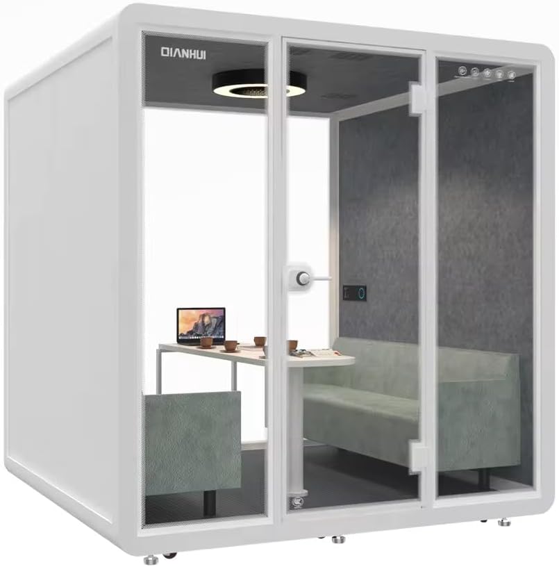 Indoor privated Office Meeting Booth with Computer Desk for Private Working Movable Silence soundproof Booth Office pod Phone Calling (White, 86.2 x 86.6 x 90.5 Inch)