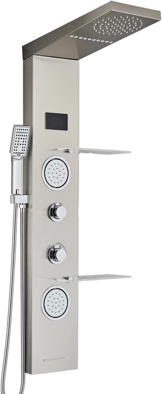 Brushed Multi Rain Shower Panel Tower System with Body Jets Wall Mount Shower Column & Storage Shelf for Ultimate Spa Experience