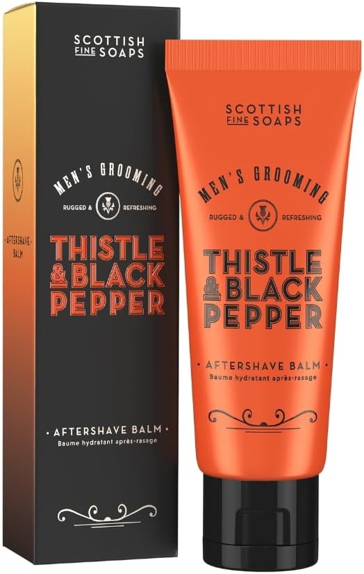 Scottish Fine Soaps Men's Grooming Thistle & Black Pepper Aftershave Balm 75ml – Soothing Post-Shave Balm with Menthol and Amber Notes