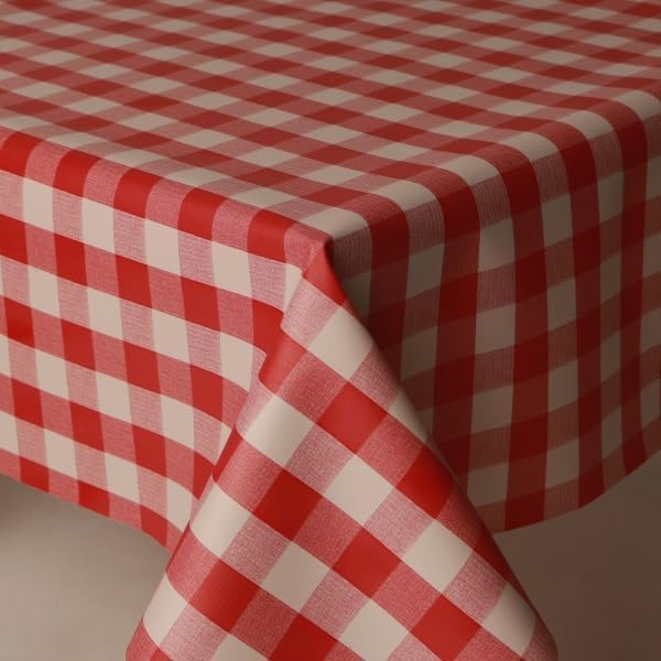 Home Expressions Pvc Red and White Gingham Wipe Clean Vinyl Table Cloth/Protector Textile Backing full roll of 20 metres