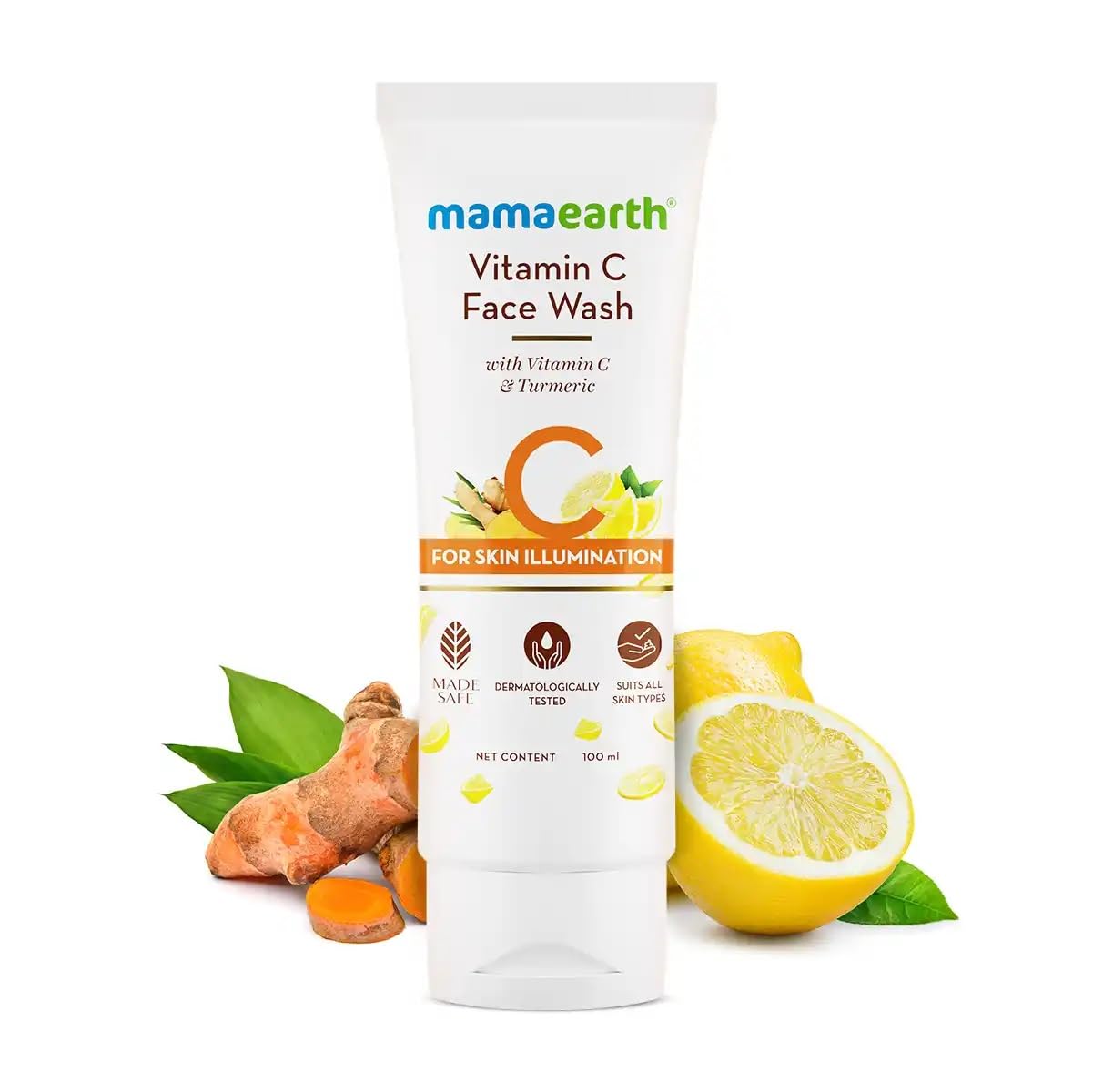 MAMAEARTH Vitamin C Face Wash for Skin Illumination | Gentle & Hydrating Dead Skin Exfoliator with Turmeric | Sulfate & Paraben Free | 3.38 Fl Oz (100ml)