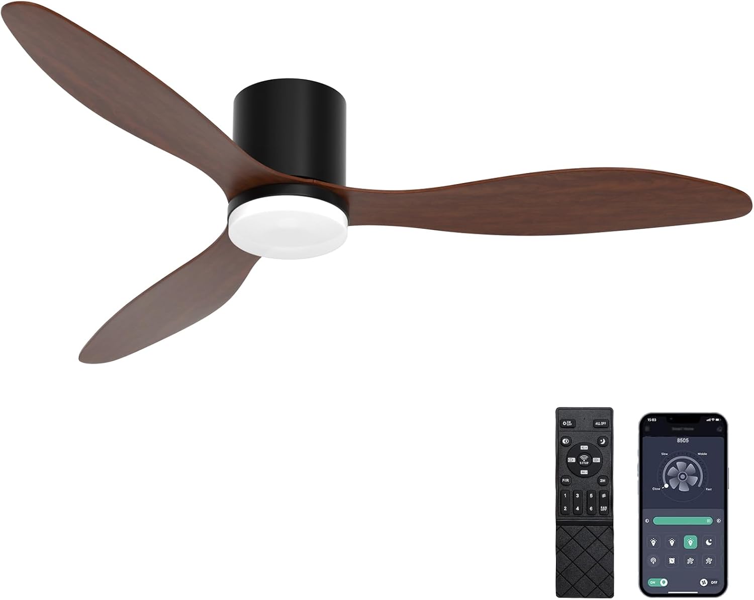 Topteng 42 inch Smart Ceiling Fan, 6-Speed Quiet DC Motor, 3000K-6000K Dimmable Light, Reversible for Bedroom, Low Profile Flush Mount, Black Walnut