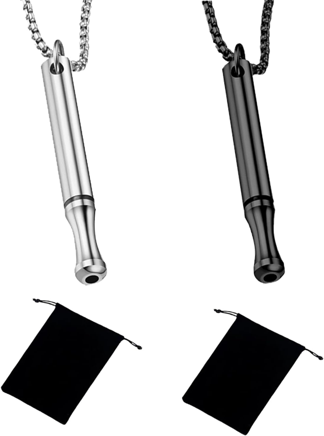 2PCS Breathing Necklace Titanium Steel Whistle Anxiety Necklace Portable Stress Relief for Clam Down Mindful Necklaces Anxiety Stress Relief Fashion Silver Black Meditation Breathlace for Men Women