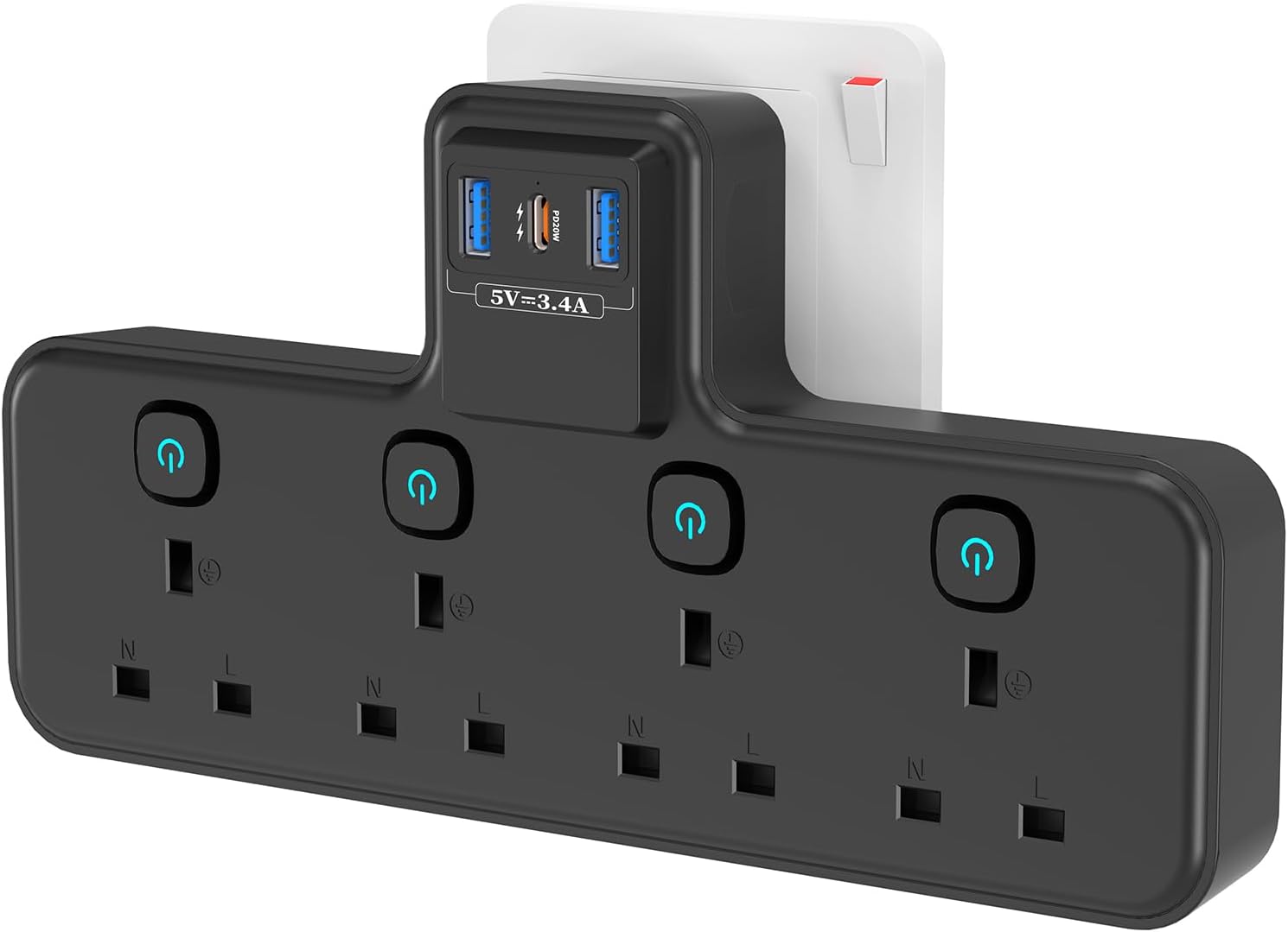 Multi Plug Extension Socket with PD20W USB C Slot, 4 Way Plug Adapter with Independent Switches 3 USB, PASSUS 13A 3250W UK Wall Adaptor Built-in Surge Protector for Home, Office, Kitchen