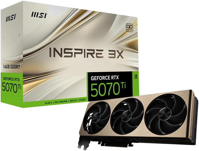 MSI Gaming RTX 5070 TI 16G Inspire 3X OC Graphics Card (16GB GDDR7, 256-bit, Extreme Performance: 2497 MHz, DisplayPort x 3 2.1a, HDMI 2.1b, NVIDIA Blackwell Architecture)