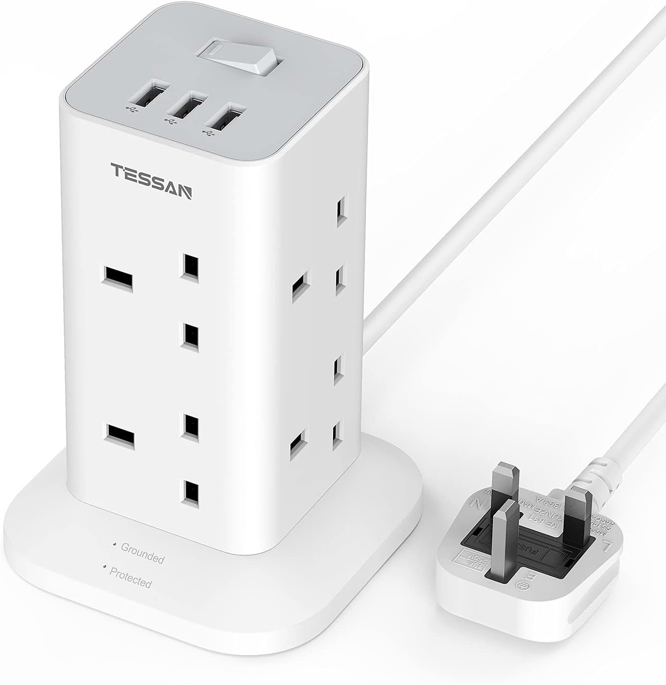 Tower Extension Lead with 3 USB Slots, TESSAN 8 Way Multi Plug Extension Tower, Surge Protection Extension Cord with Switch, Plug Socket Tower Power Strip with 2M Cable for Home, School Supplies