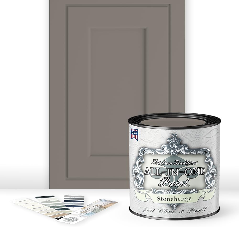 ALL-IN-ONE Paint, Durable cabinet and furniture paint. Built in primer and top coat, no sanding needed. Includes our 30 featured color card - Stonehenge (mid-tone greige), Quart