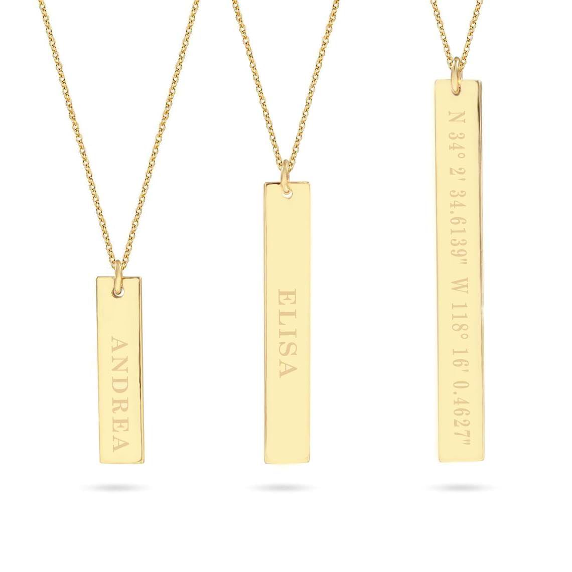 Personalized 14k Gold Vertical Name Bar Necklace - Custom Engrave Pendant Gift | Dainty 2cm 3cm 4cm Bar, Handwriting, Coordinates, Baby Name Necklace