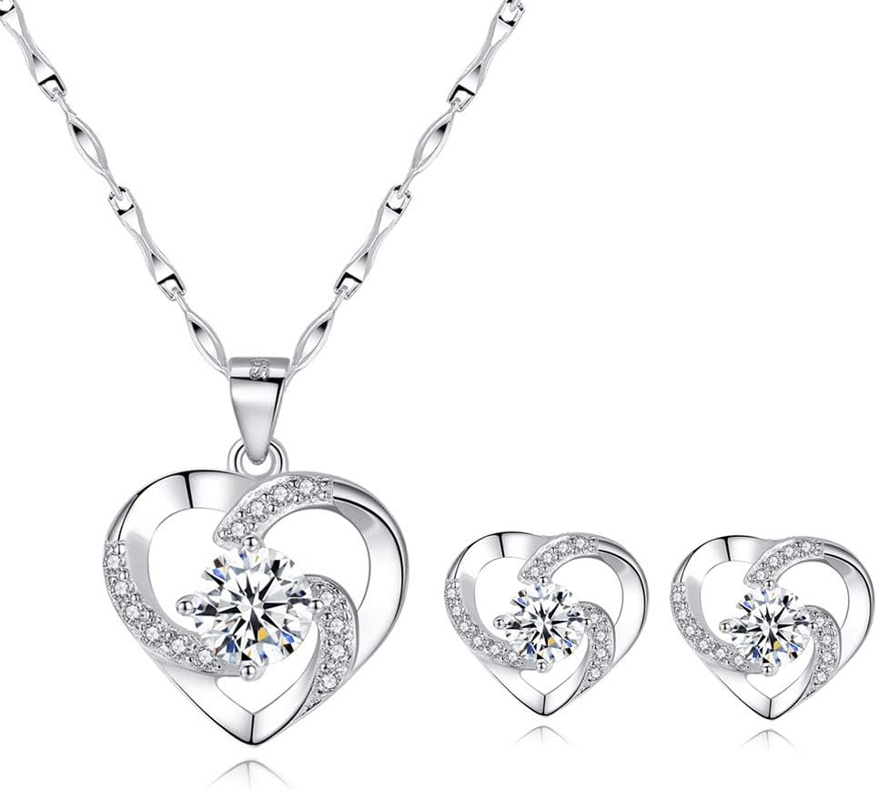wynn's Silver Jewellery Set for Women, 925 Sterling Silver Heart Stud Earrings, Silver Necklace Pendant Set with White/Blue/Purple Cubic Zirconia, Gift for Girlfriend Mother Wife