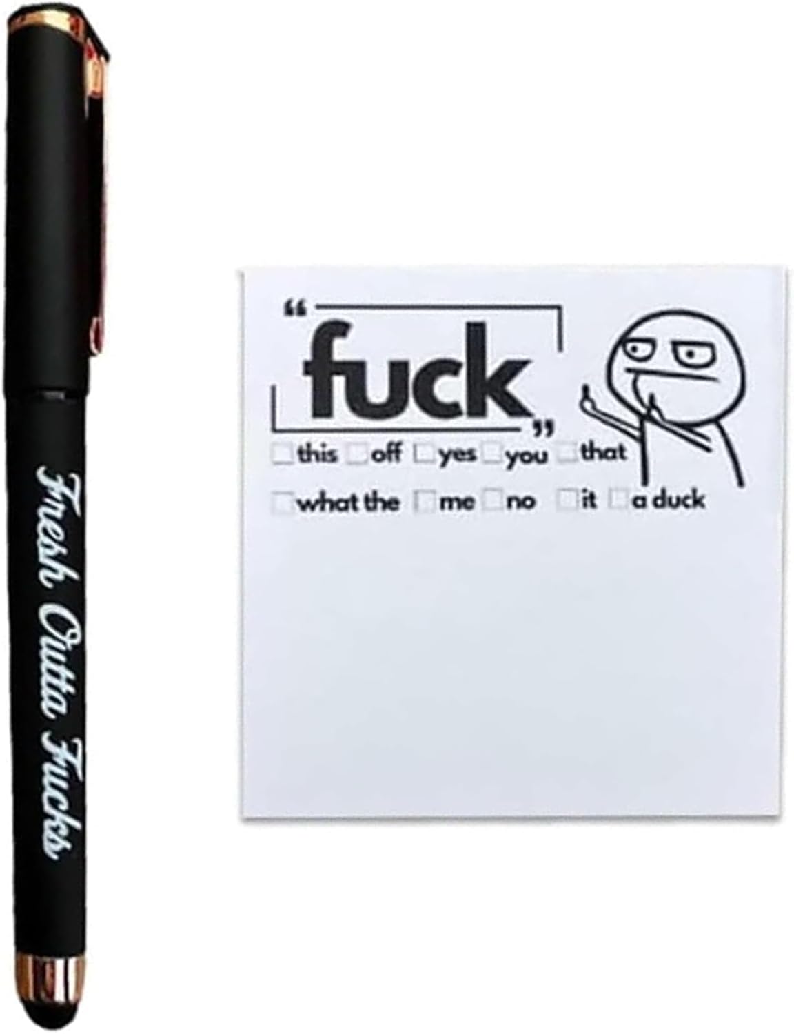 Bafiwu Fresh Outta Fucks Pad and Pen, Funny Pens and Sticky Notes Office Supplies, Desk Accessories for Friends, Funny Christmas Gifts for Men Women (Black, 1 count, 2 inches x 2 inches)