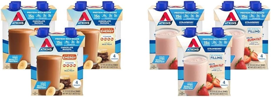 Atkins Chocolate Banana Protein Shake, 15g Protein & Strawberry Protein Shake, 15g Protein, Low Glycemic, 2g Net Carb, 1g Sugar, Keto Friendly, 12 Count