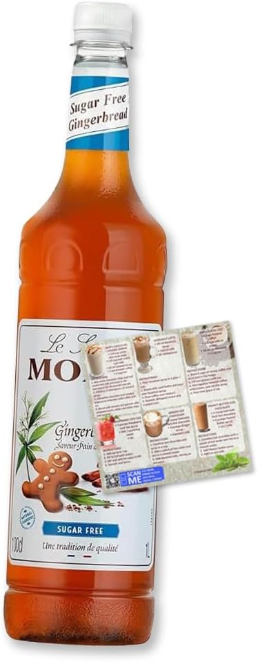 Monin Gingerbread Sugar Free Syrup Premium 1L for Cocktails and Coffee | Natural Flavours and Colourings | Vegetarian-Friendly | Zero Sugar | Includes Drink Recipe