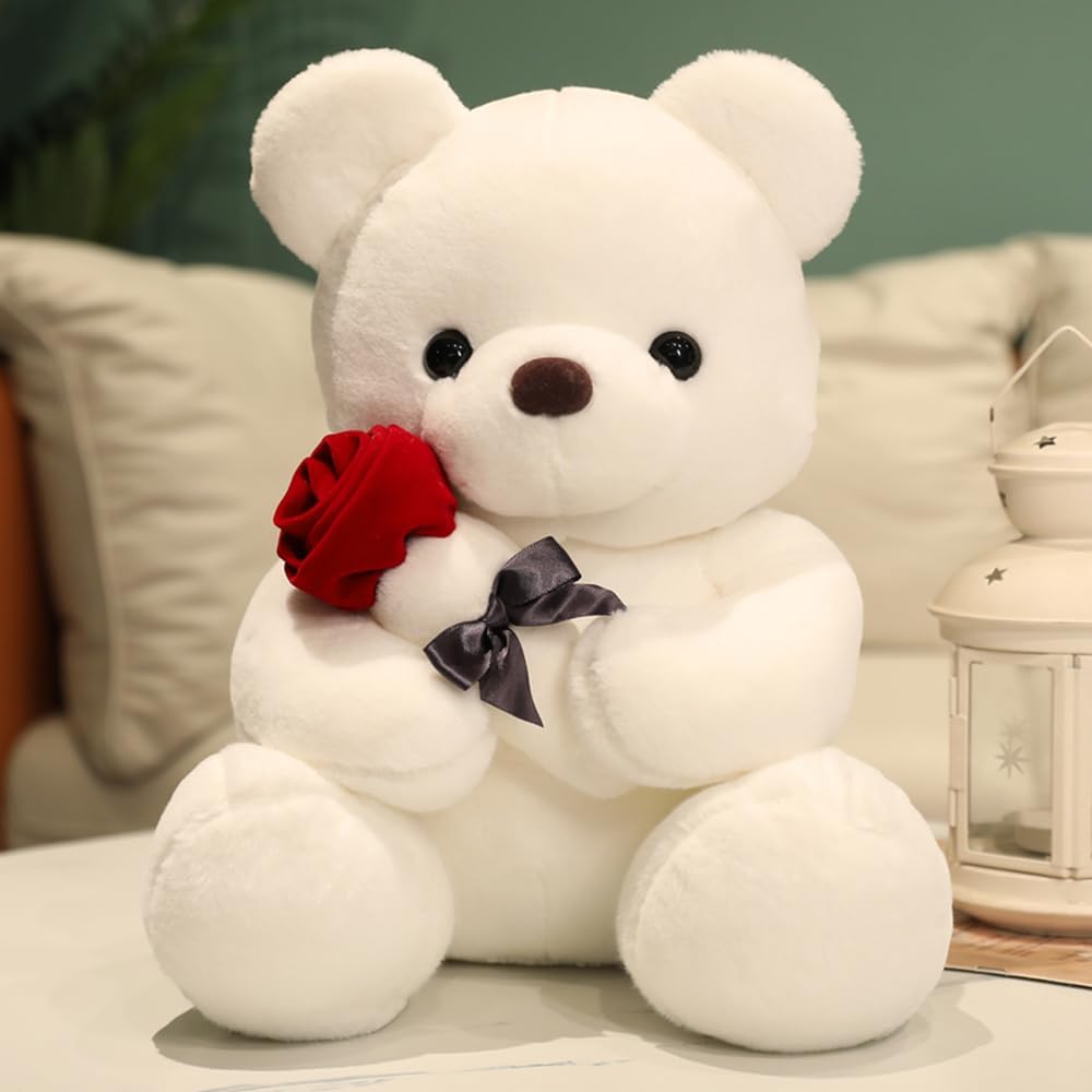 Annco Cute Teddy Bear Plush Toys With Rose Flower Valentines Day Teddy Bear Stuffed Animal Teddy Bear Gift for Valentine's Day Christmas Anniversaries (White, 25cm(9.8"))