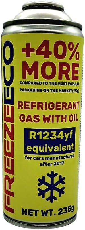 Replacement Gas with Oil - Air Conditioning Refill Set with Integrated Check Valve, 235g, +40% Cooling Efficiency - Compatible with Type A 11.5mm Hoses