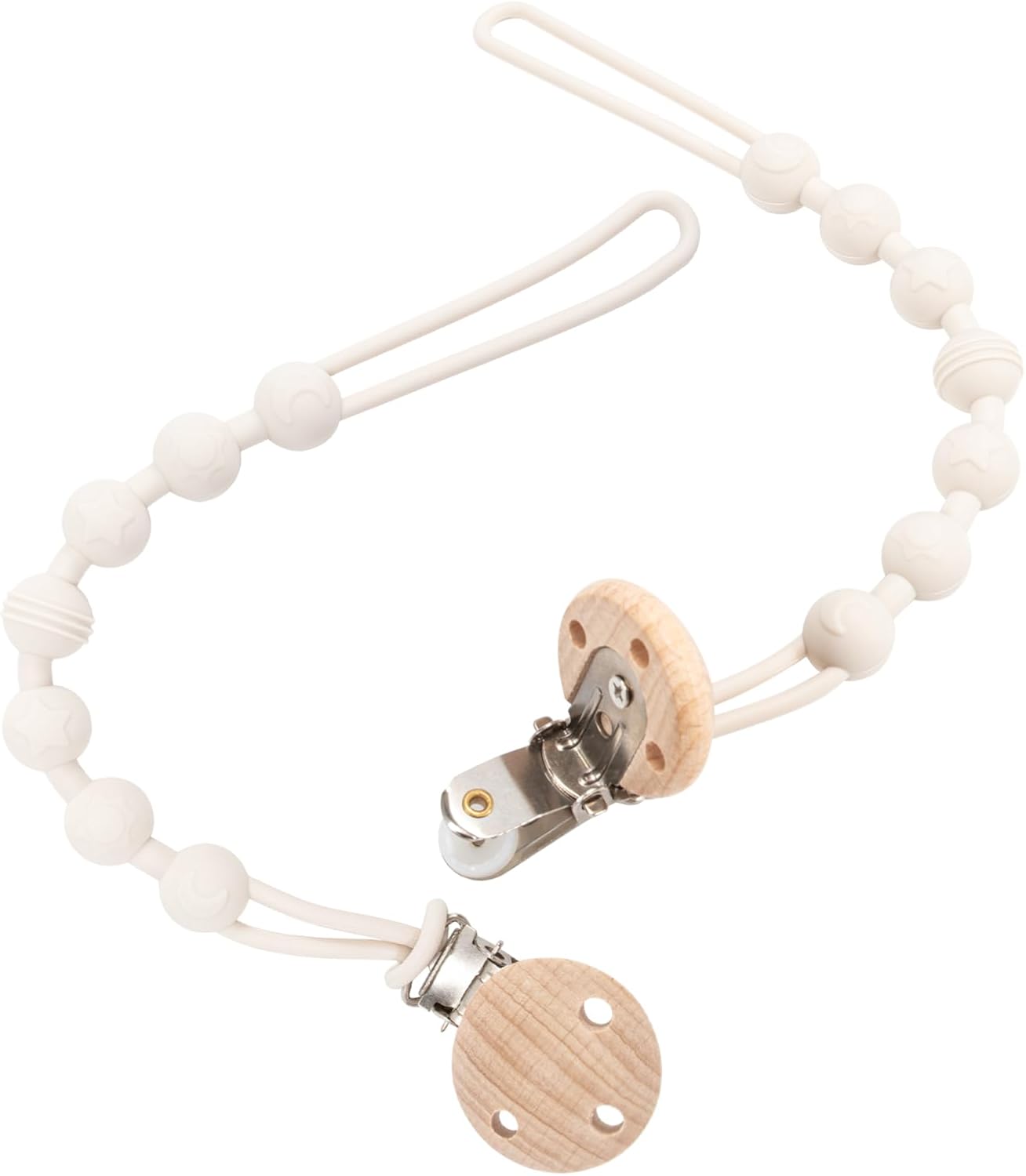 Dummy Clip, 2 Pack Silicone Dummy Clips with Wooden Design Pacifier Holder Clip, Soft Flexible Pacifier Clips for Boys and Girls (White)