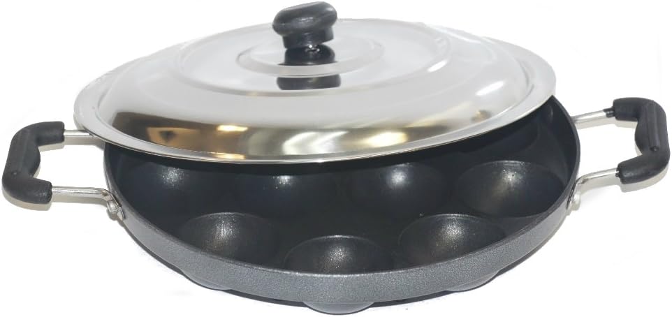 TABAKH Bright AppamPatra Paniyaram Non Stick Pan with Stainless Steel Lid,Black,Medium