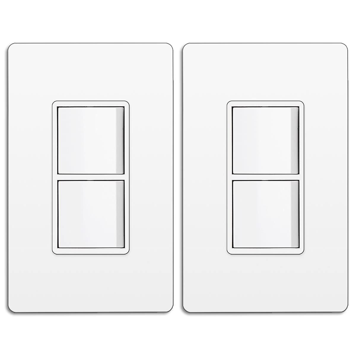 BESTTEN 2 Pack Double Rocker Light Switch, Two Single Pole Electrical Paddle Switch, 15A 120V, Dual in-Wall, Combination Interrupter, Screwless Wallplate Included, UL Listed, White