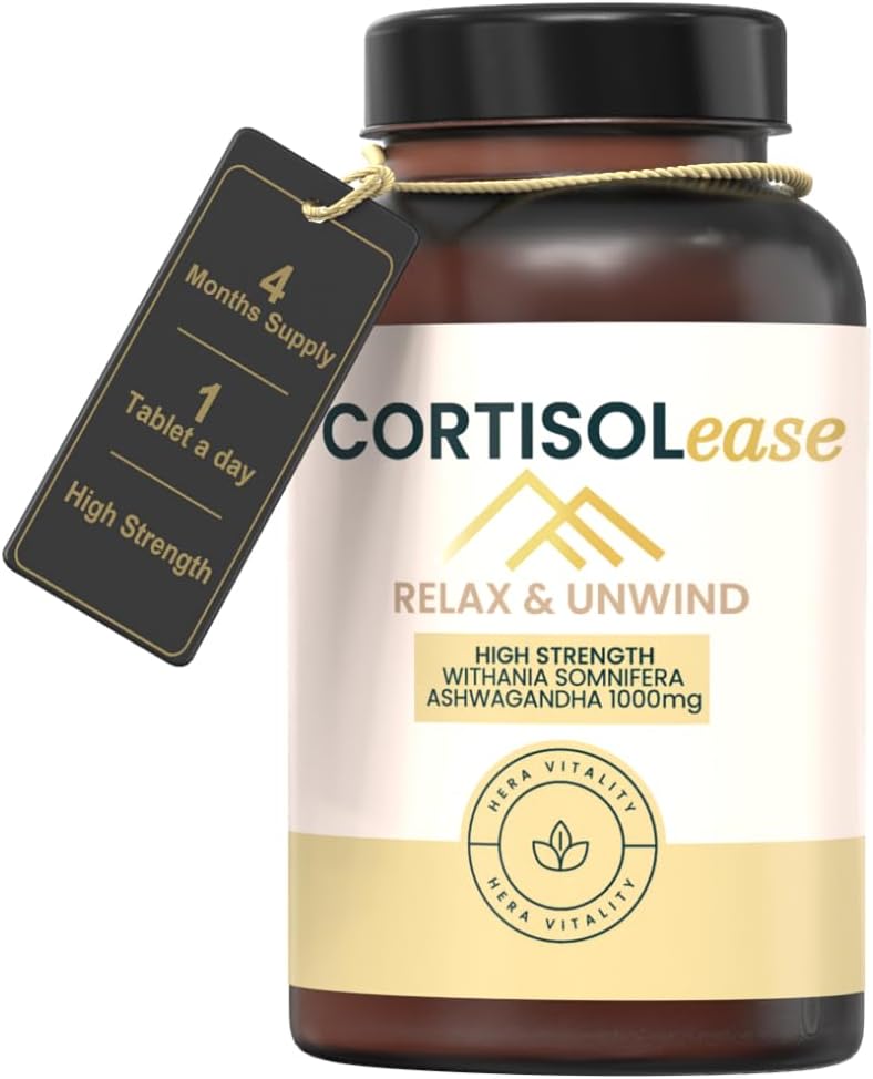 CortisolEase, Cortisol Reducing Supplement with 1000 mg Ashwagandha, 120 Tablets to Lower Stress & Anxiety, Balance Adrenal Hormones, Detox and Reduce Fatigue, HERA Vitality