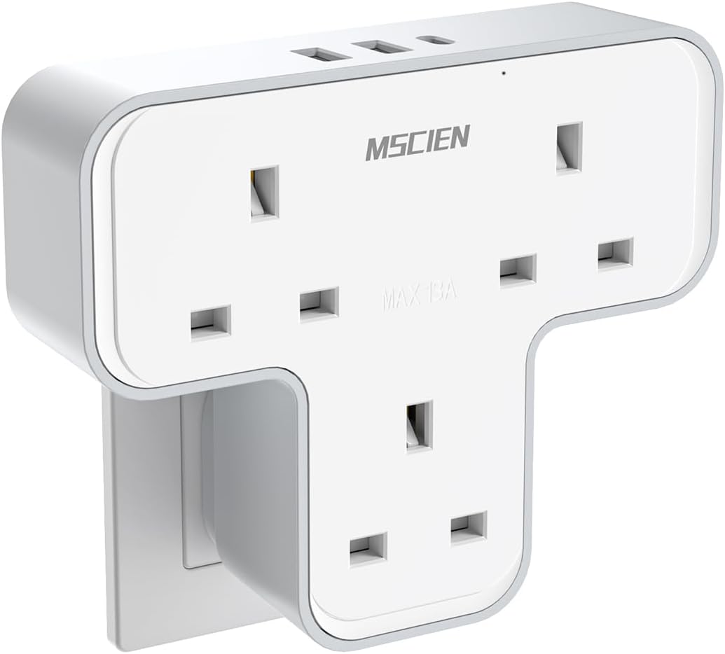 Plug Extension Socket,Mscien Plug Adapter 3 Way with 3 USB(1 Type-C), Multi Plug Adaptor Wall Socket Plug Extender UK 13A Power Extension Plug For Home Dorm Kitchen Office